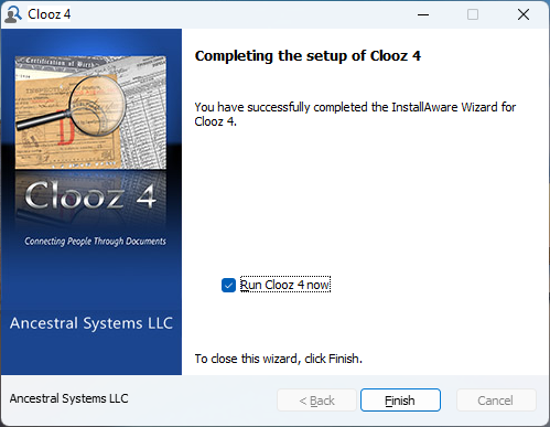 Image showing the finish screen, with checkbox to Run Clooz now.