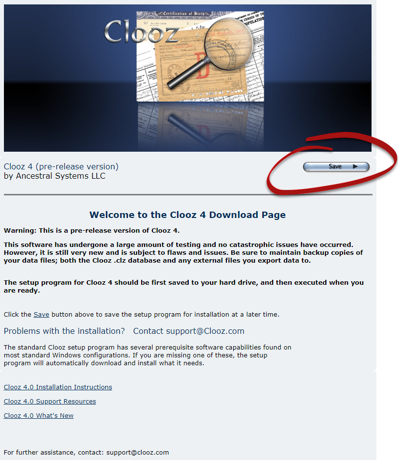Image of the download web page with Save button circled