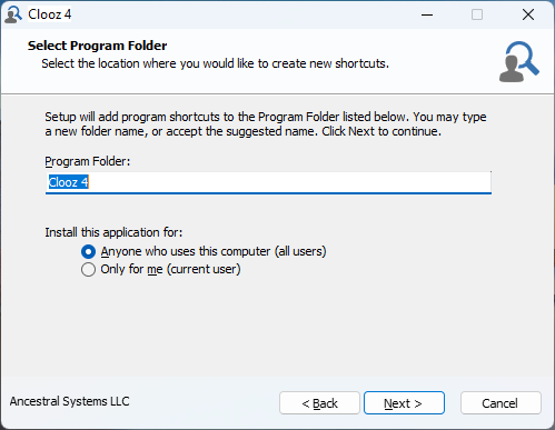 Program destination folder screen.   It is recommended to accept default settings.