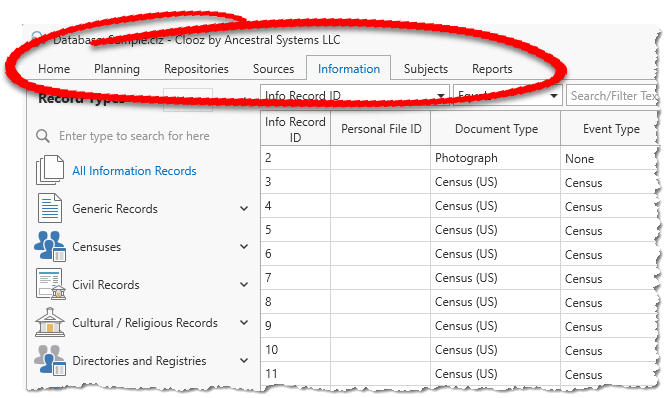 Image showing the tabs on the main screen: Home, Research Planning, Repositories, Sources, Information, Subjects, and Reports.