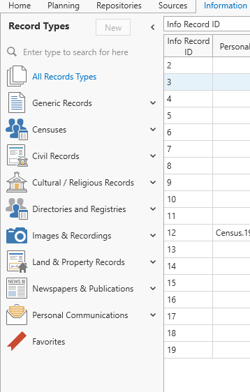 Image of the navigation panel showing different types of Information Records.